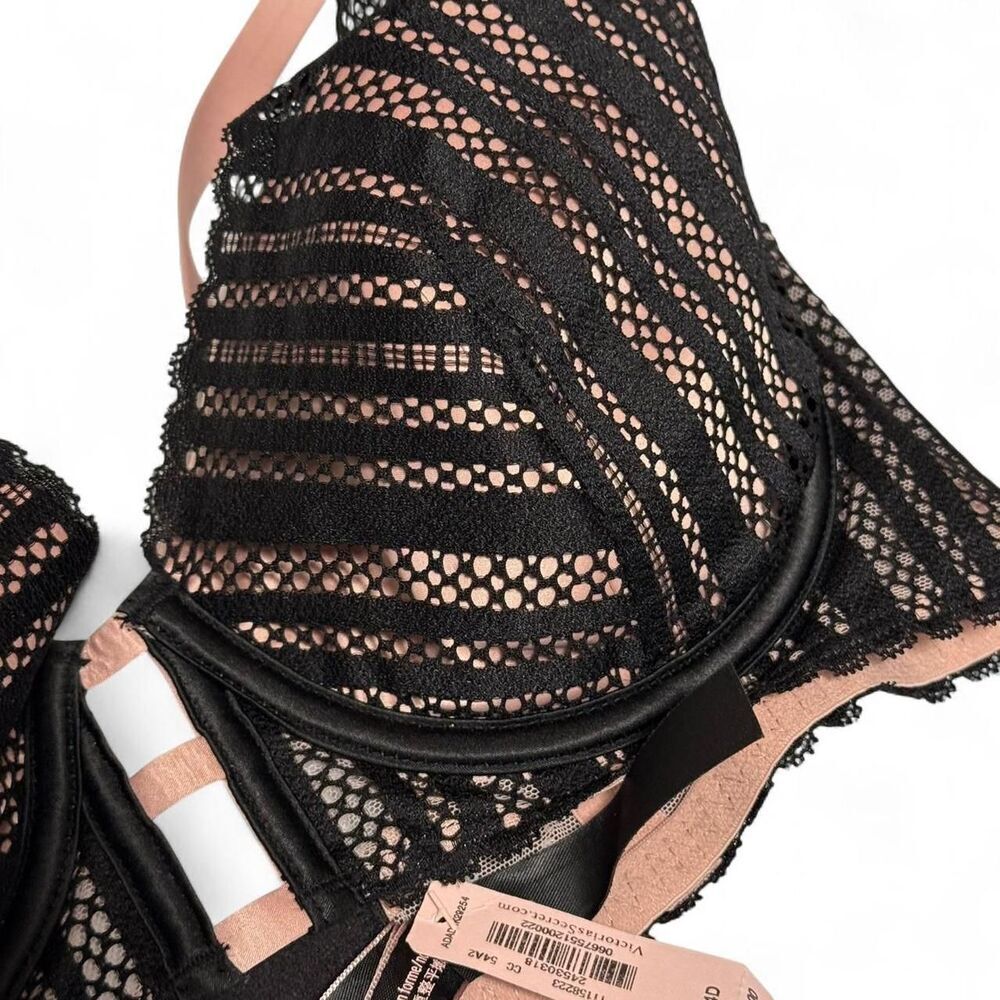 Victoria's Secret NEW Very Sexy Black striped plunge bra with Pink Satin | 34D - Picture 4 of 7